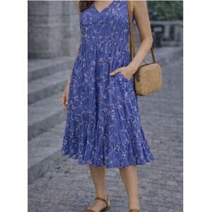 J.Jill Blue Floral Sleeveless Tiered Dress Women’s Medium Petite Rayon Lined